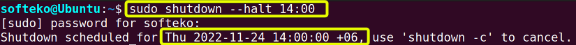 Using shutdown command --halt option to schedule a specific time for shutdown