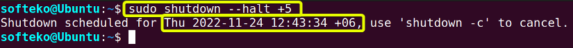 Using shutdown command --halt option to schedule shutdown by a specific delay