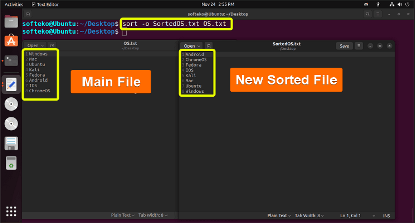 Using sort command -o option to create a new sorted file