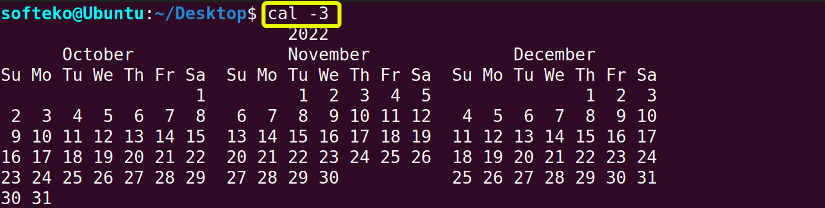 Using cal command to view calendar of the current, previous and past month