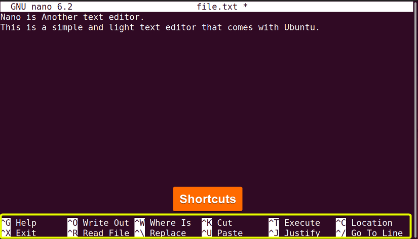 Shortcuts of nano command