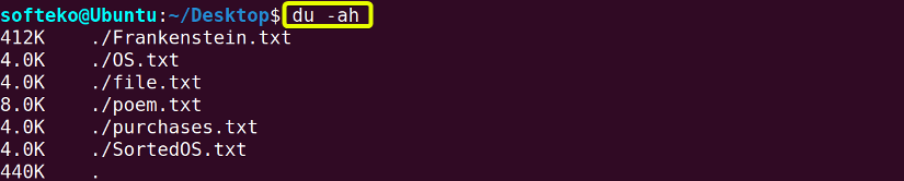 Using du command -ah option to view individual file disk usage in human readable format