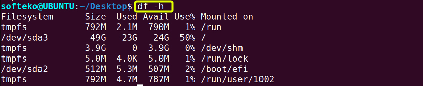 Using df command -h option to see file size in human readable format