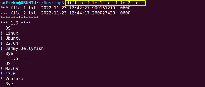 Using diff command -c option to view both file in context mode