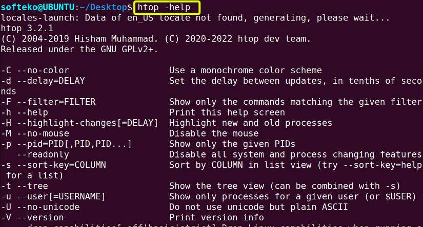 htop command -help option