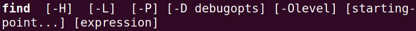 Syntax, available options and required arguments for the find command.