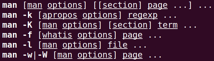 Syntax, available options and required arguments for the man command.