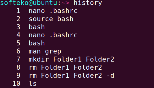 Previously executed commands.