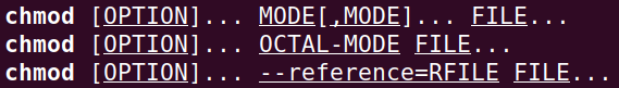 Syntax, available options and required arguments for the chmod command.