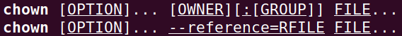 Syntax, available options and required arguments for the chown command.
