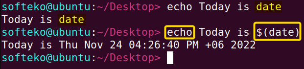 Running commands and displaying them using echo and expansion characters.