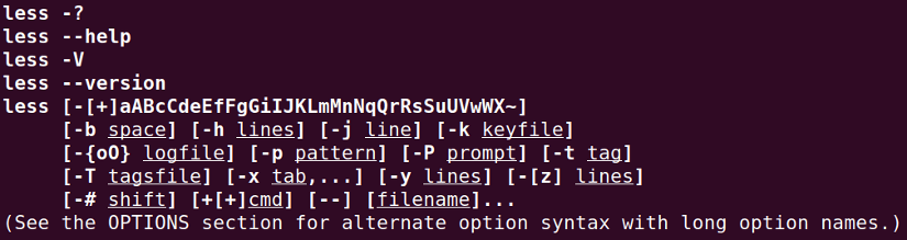 Syntax, available options and required arguments for the less command.