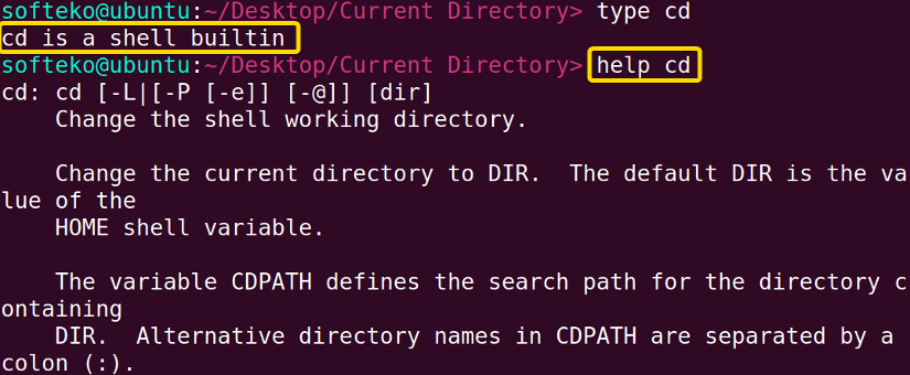 Syntax, available options and required arguments for the cd command.