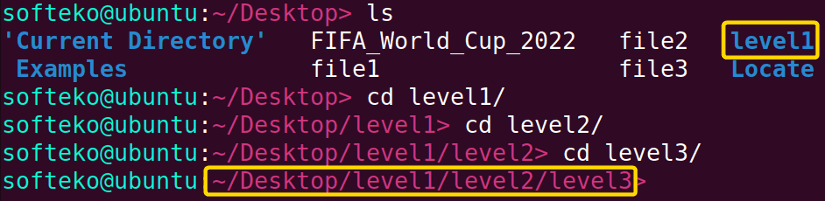 Changing levels of directories using the cd command.