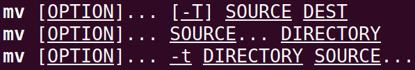 Syntax, available options and required arguments for the mv command.