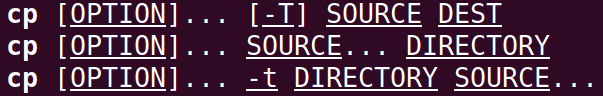 Syntax, available options and required arguments for the cp command.
