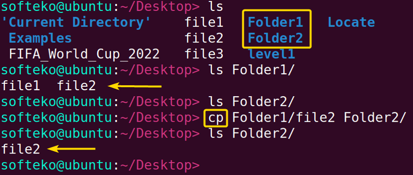 Copying contents using the cp command.