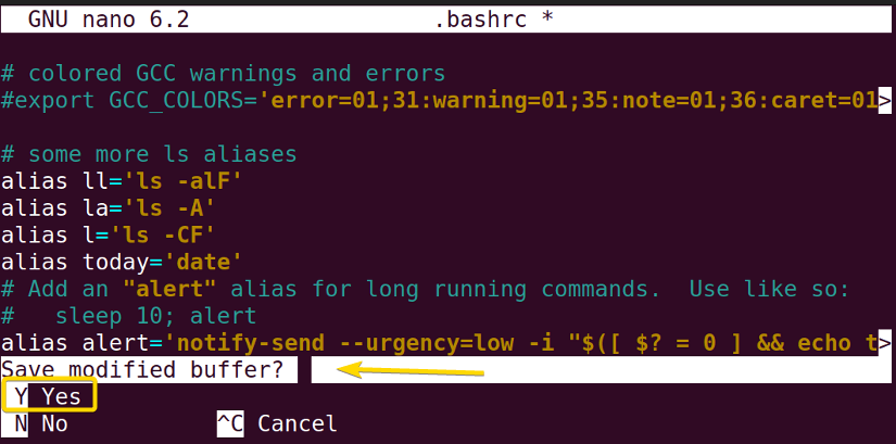 Saving the nano file to create permanent alias