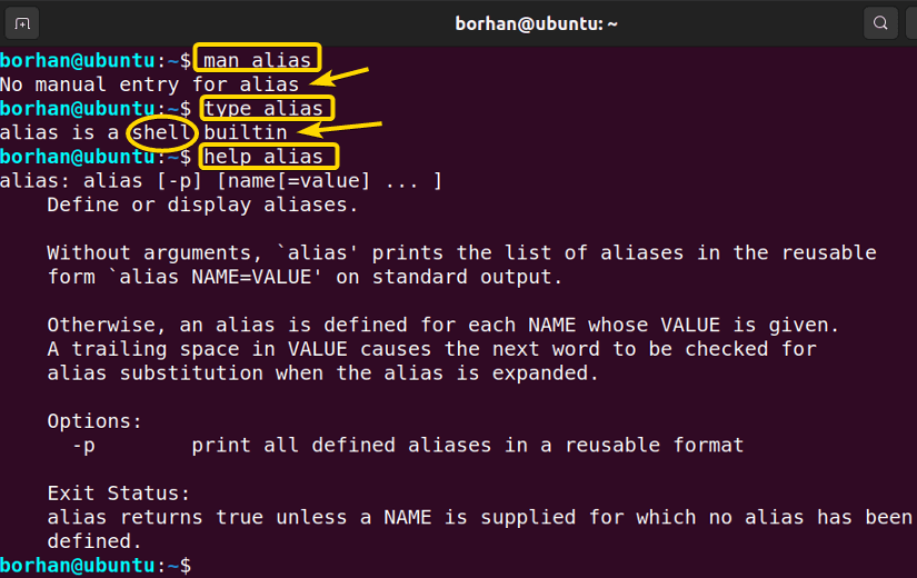 Synopsis of alias in Linux containing its type, man page and help section. 