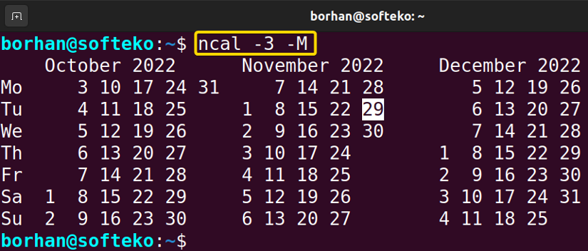 Output for the ncal -3 -M 