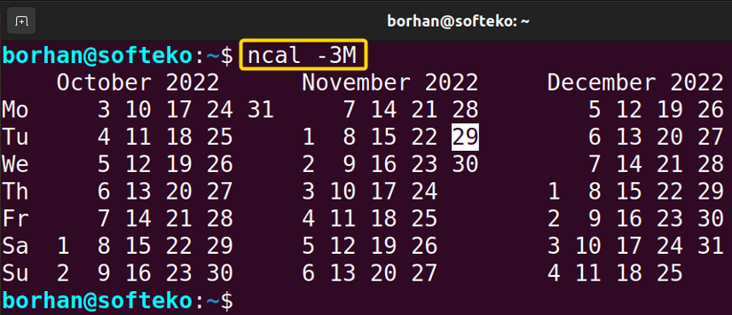 Output for the ncal command using options combinedly 