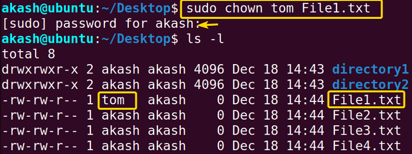 changed owner using the chown command in linux