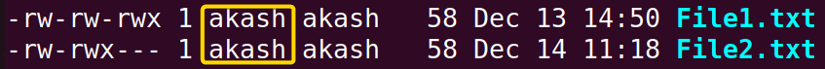 showing owner of file1.txt and file2.txt