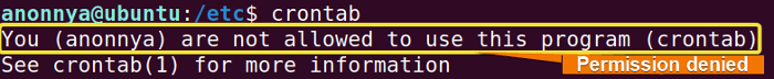 Permission denied to use crontab for the assigned user.