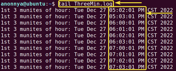 Viewing output of cron job using tail command in Linux.