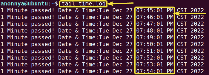 Viewing output of cron job using tail command in Linux.