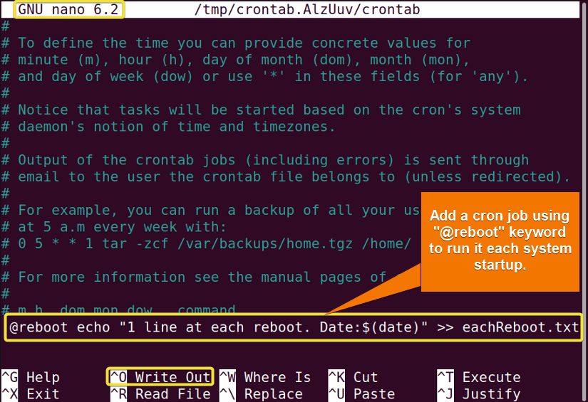 Adding a cron job to run at each system reboot using crontab command in Linux.