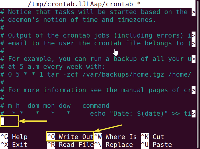 Opened crontab file of the user "pseudo" in editor.