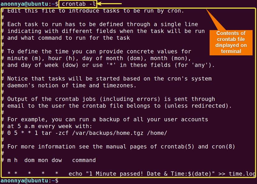Displaying contents of the crontab file.