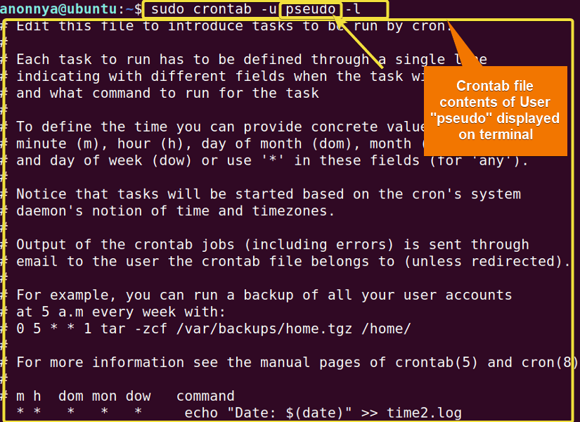  Displaying contents of the crontab file of another user.