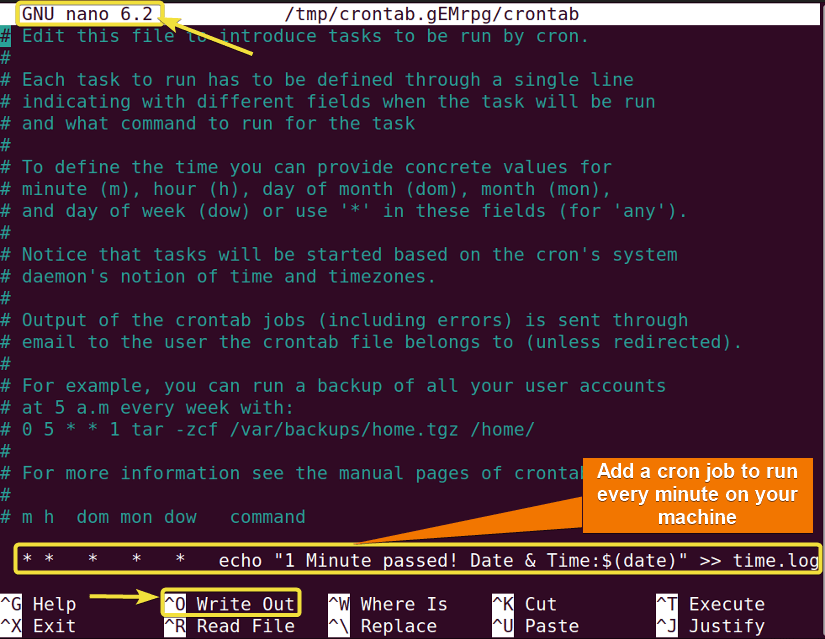 Adding a cron job to run every minute using crontab command in Linux.