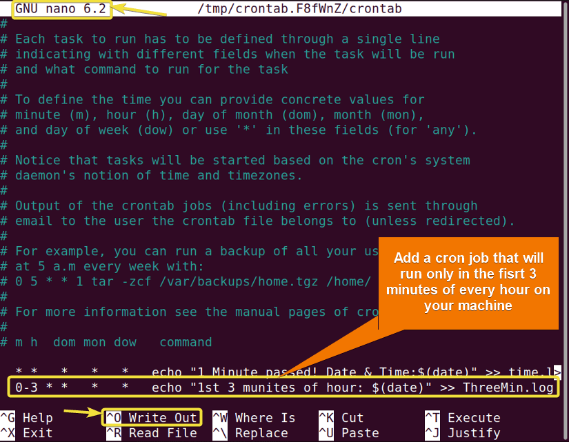Adding a cron job to run at the first 3 minutes of every hour excluding 0th minute using crontab command in Linux.