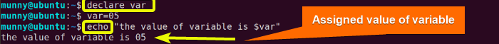 Assigning variable with the declare command in linux.