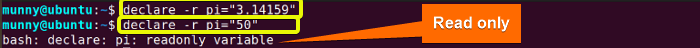 Declaring read-only variable using declare command in linux.