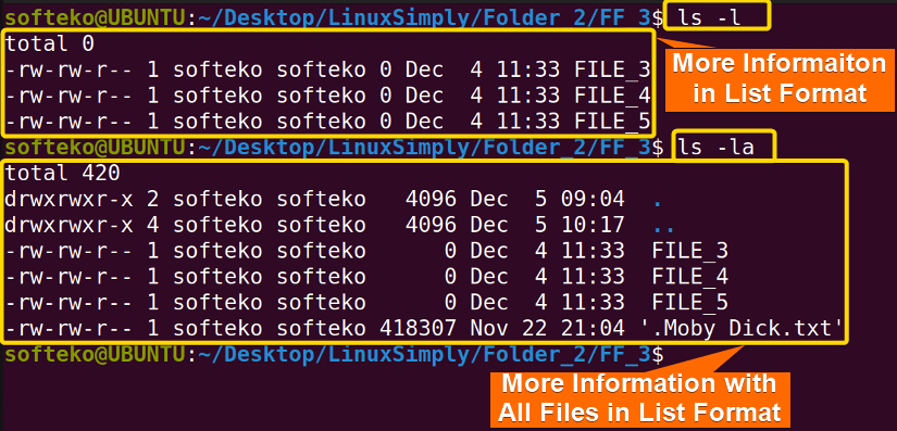 ls -l and -la command for directory in linux