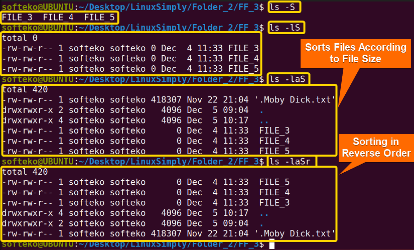 using ls -s command to sort directory in linux