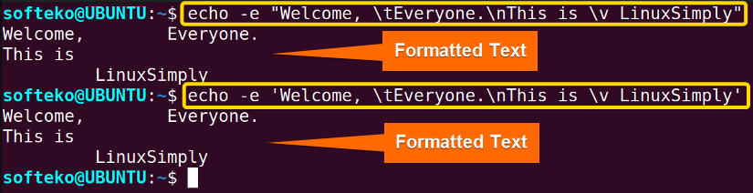echo command for formatiing