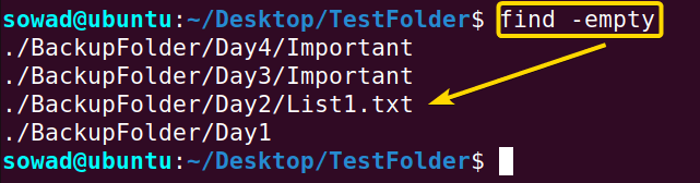 Finding empty contents using the find command in Linux.