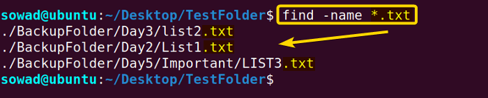 Finding contents by their extensions using the find command in Linux.