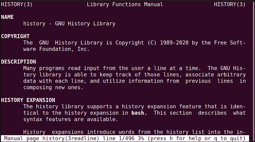 man page of history command in linux