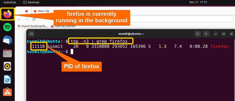 printing the PID of firefox on the terminal using top and grep command.