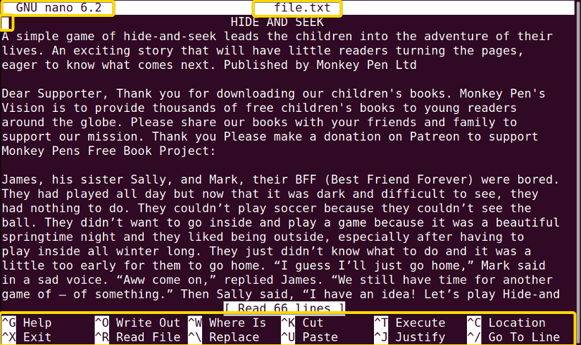 The file in the less terminal shifted to the nano terminal after pressing 'V'.