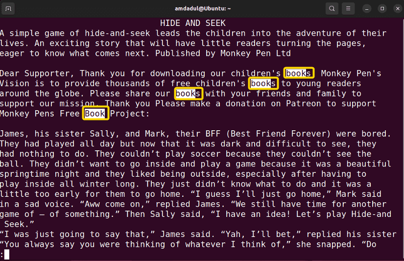 Search results obtained from searching in less terminal.