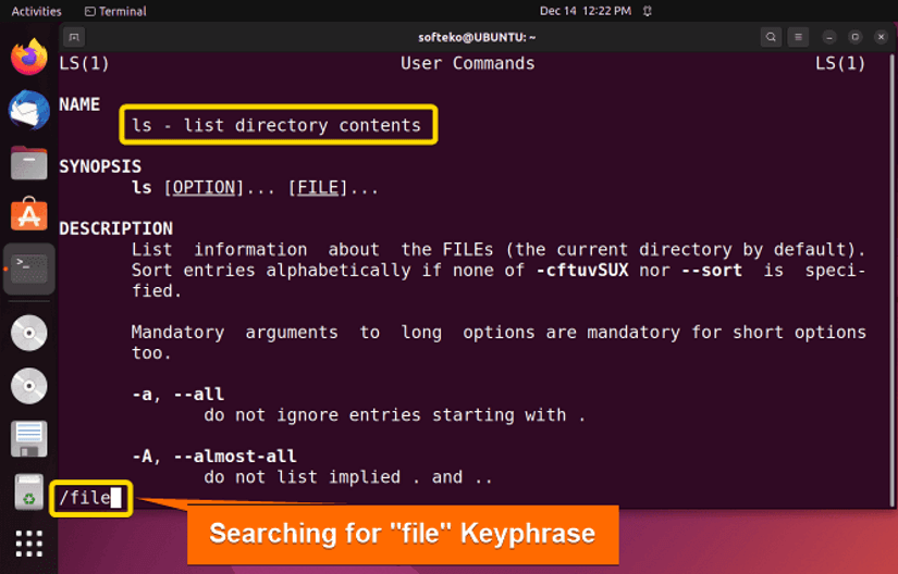 Searching inside the manual page