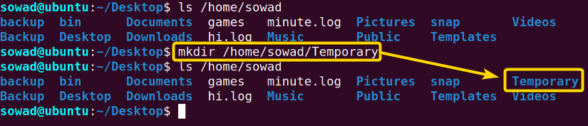 Creating a new directory on a specific location using the mkdir command in Linux.