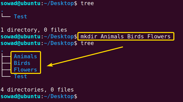 Creating three new directories using the mkdir command in Linux.
